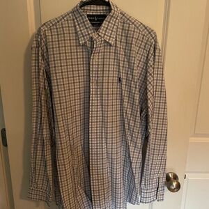 Ralph Lauren, white and blue checkered, long sleeve dress shirt